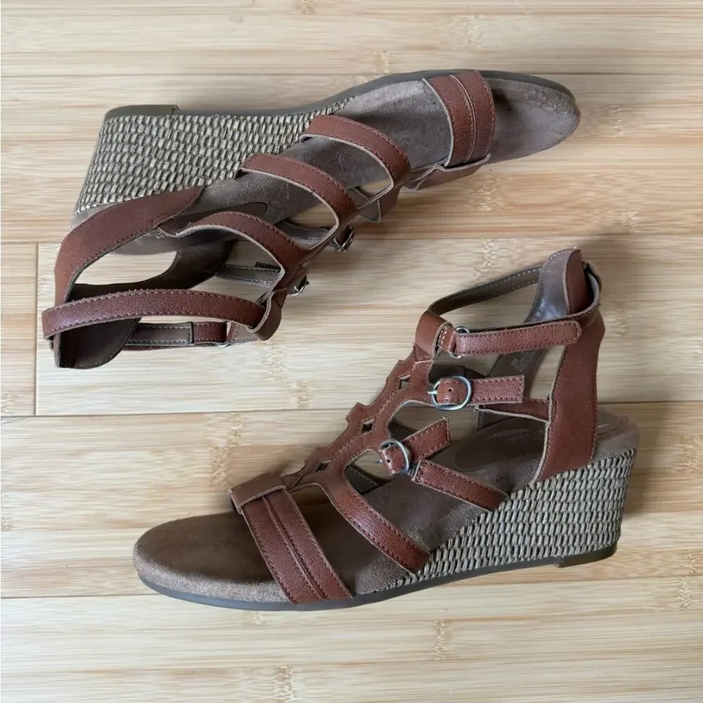 AEROSOLES HEEL REST BROWN LEATHER SPARKLE GLADIATOR ESPADRILLES WEDGES SIZE 9